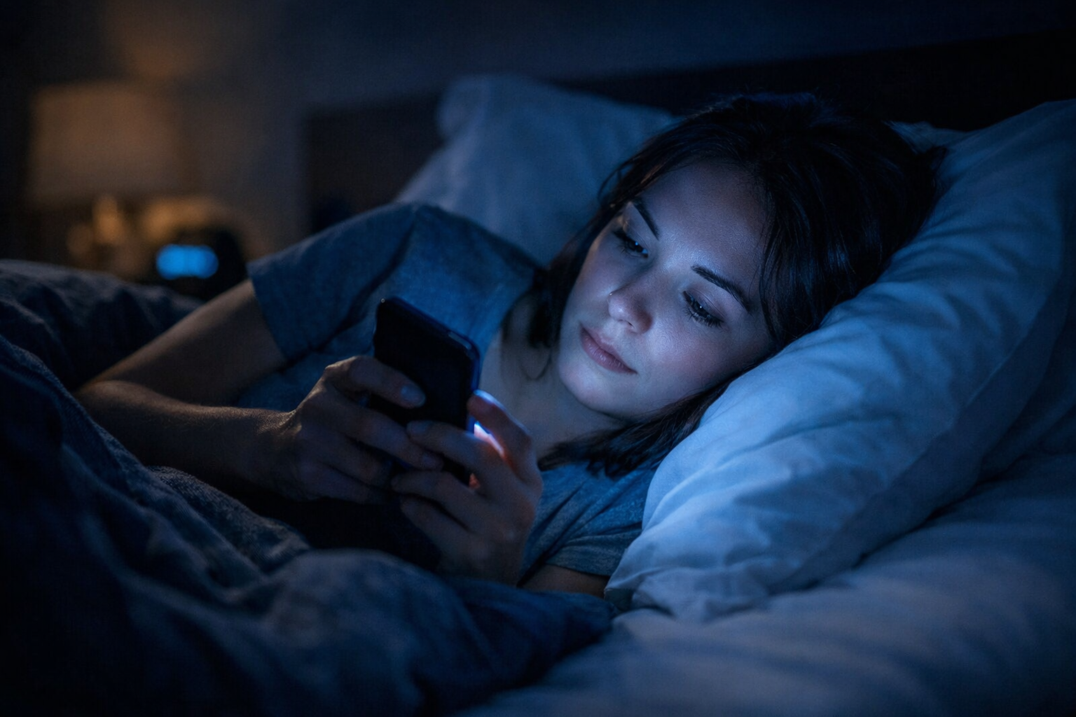Person using smartphone in bed at night exposed to blue screen light