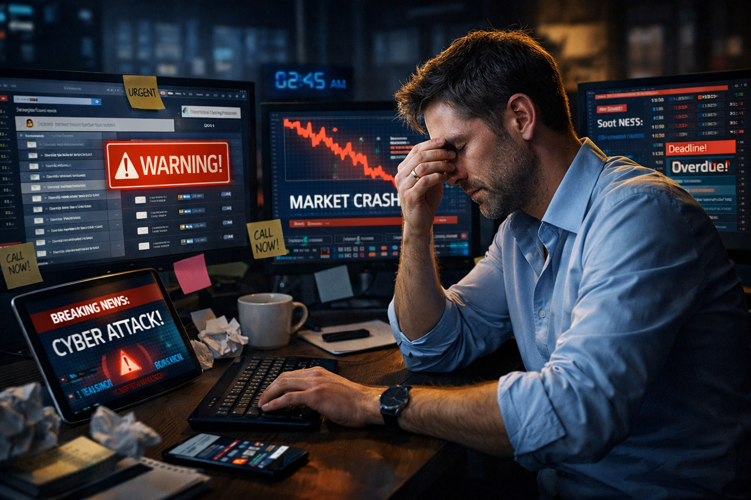 Professional working late surrounded by screens showing digital overload and stress.