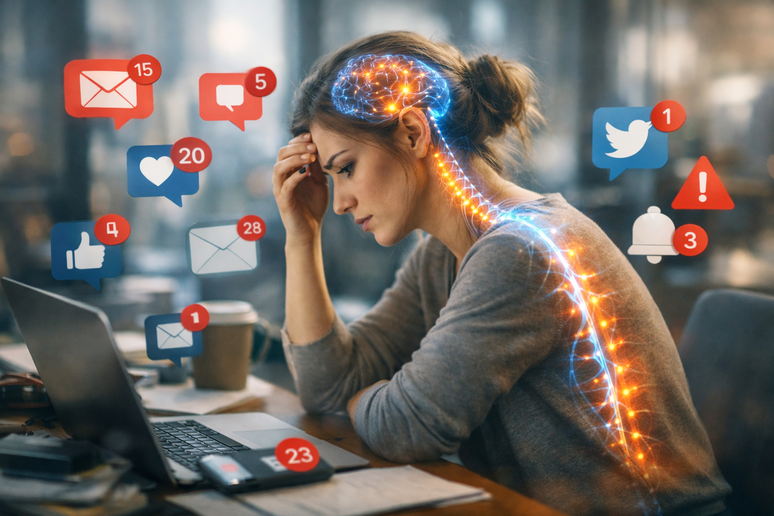 Modern life mental overwhelm caused by digital overload and constant notifications