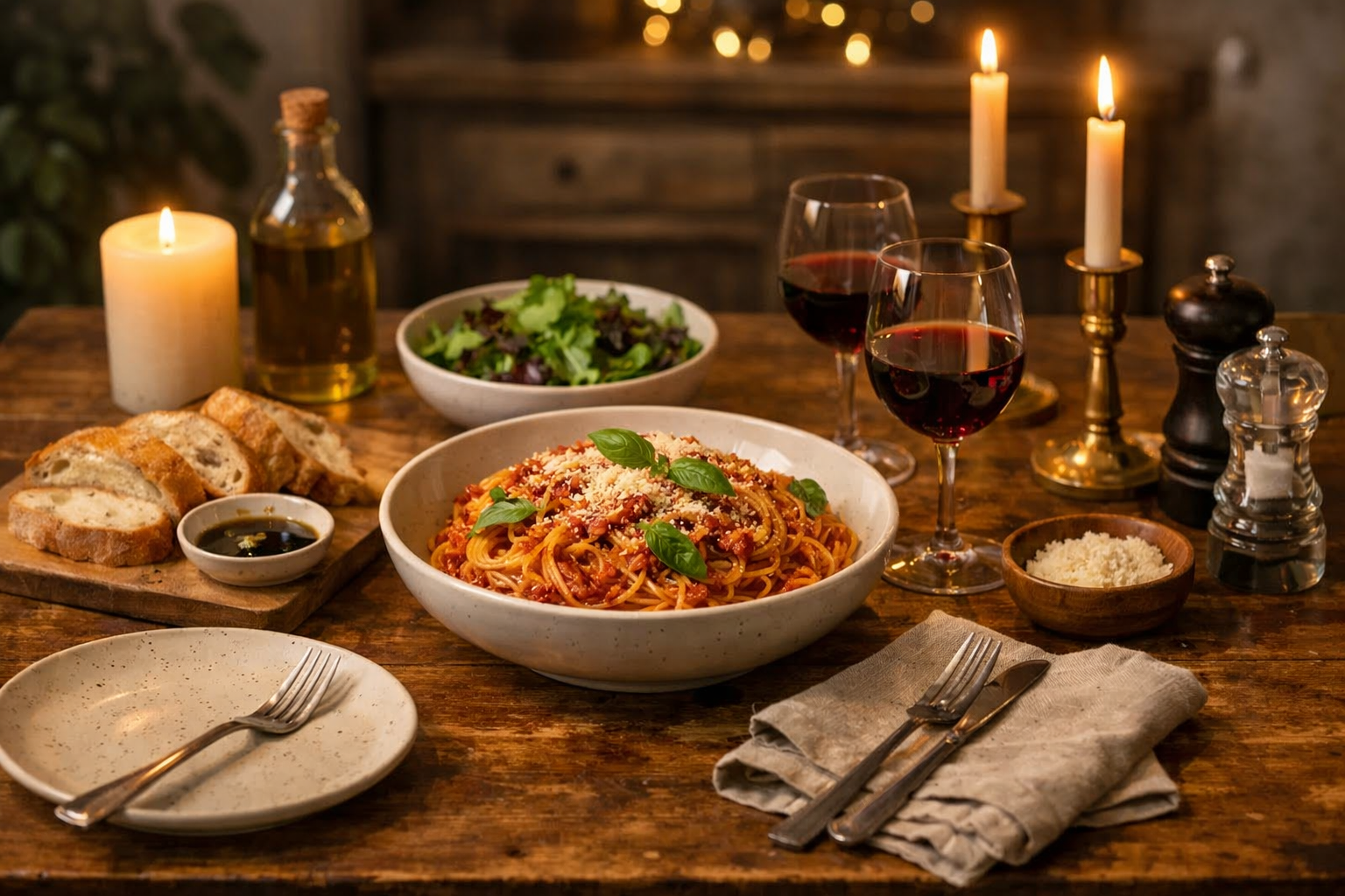 Simple evening dinner setup on a table in warm lighting