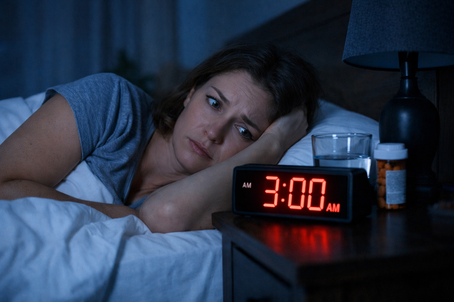 Person awake in bed at night looking at clock showing 3AM