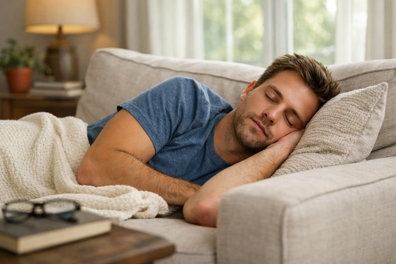 Person taking a short daytime nap on a couch in natural light