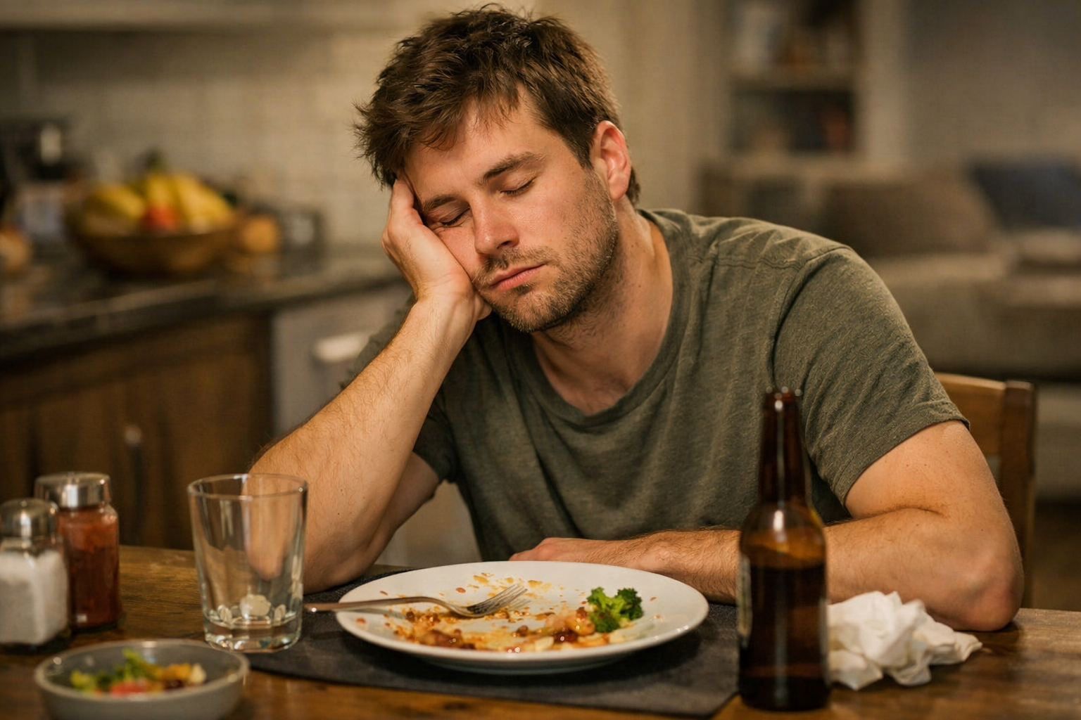 Person feeling sleepy after eating a meal in the afternoon