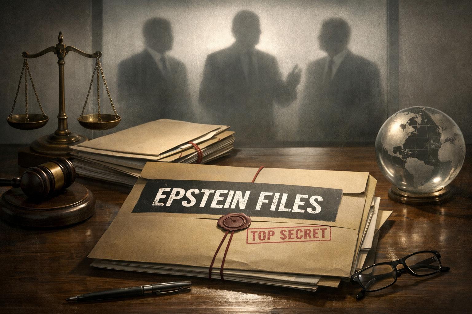 Illustration representing sealed legal documents and global power structures connected to the Epstein files investigation
