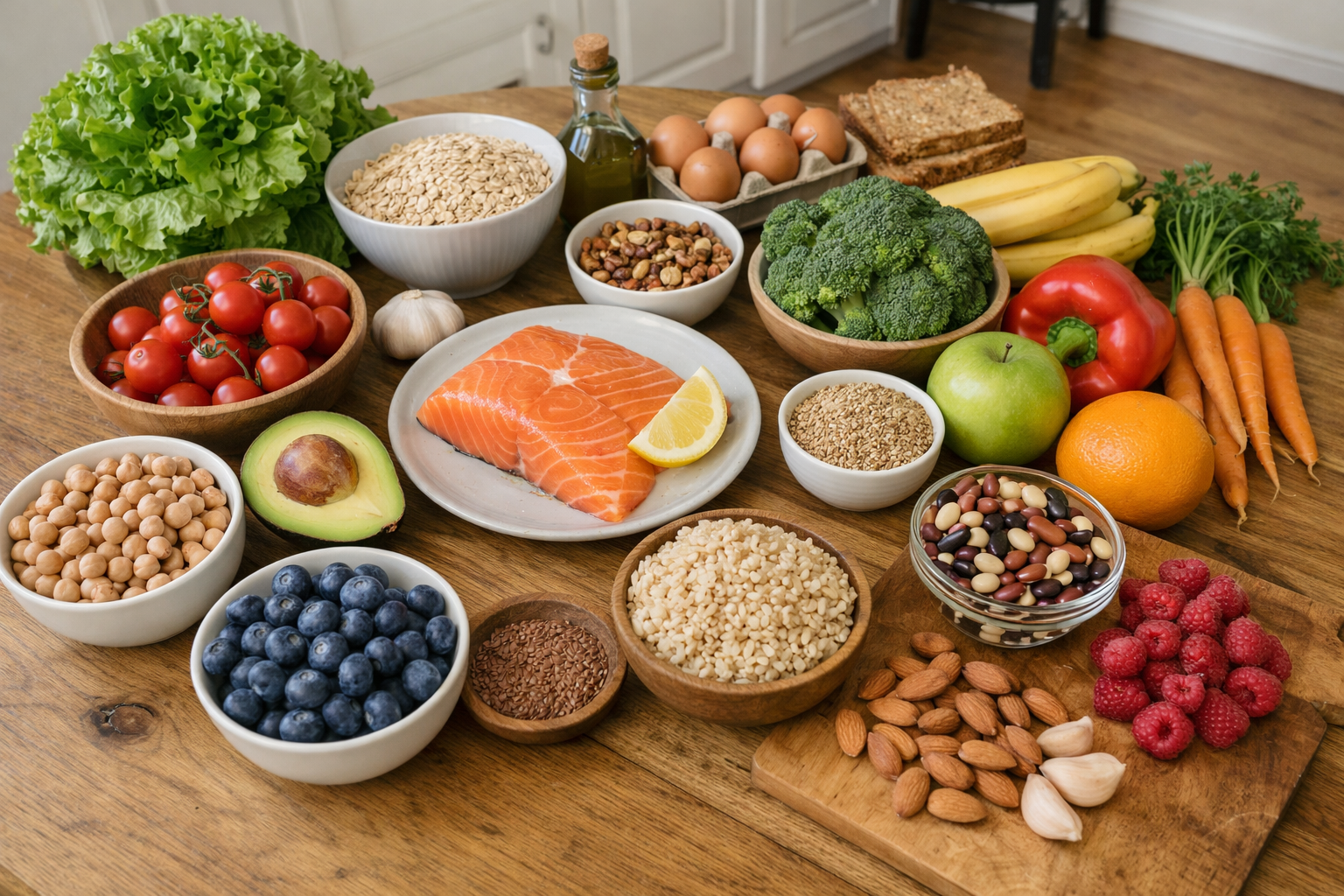 Assortment of healthy foods like vegetables, fruits, and whole grains on a table