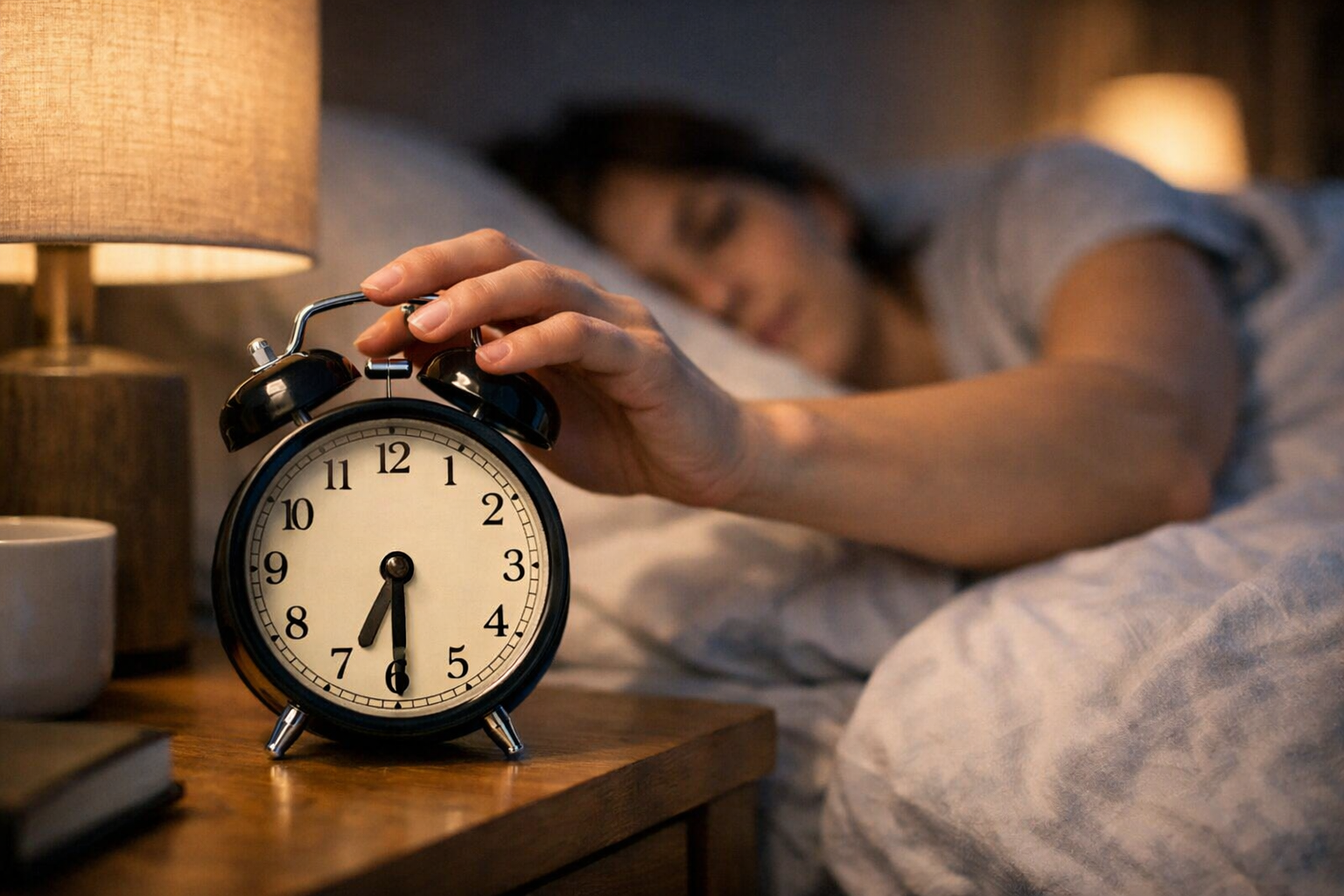 Person adjusting alarm clock in calm bedroom at night