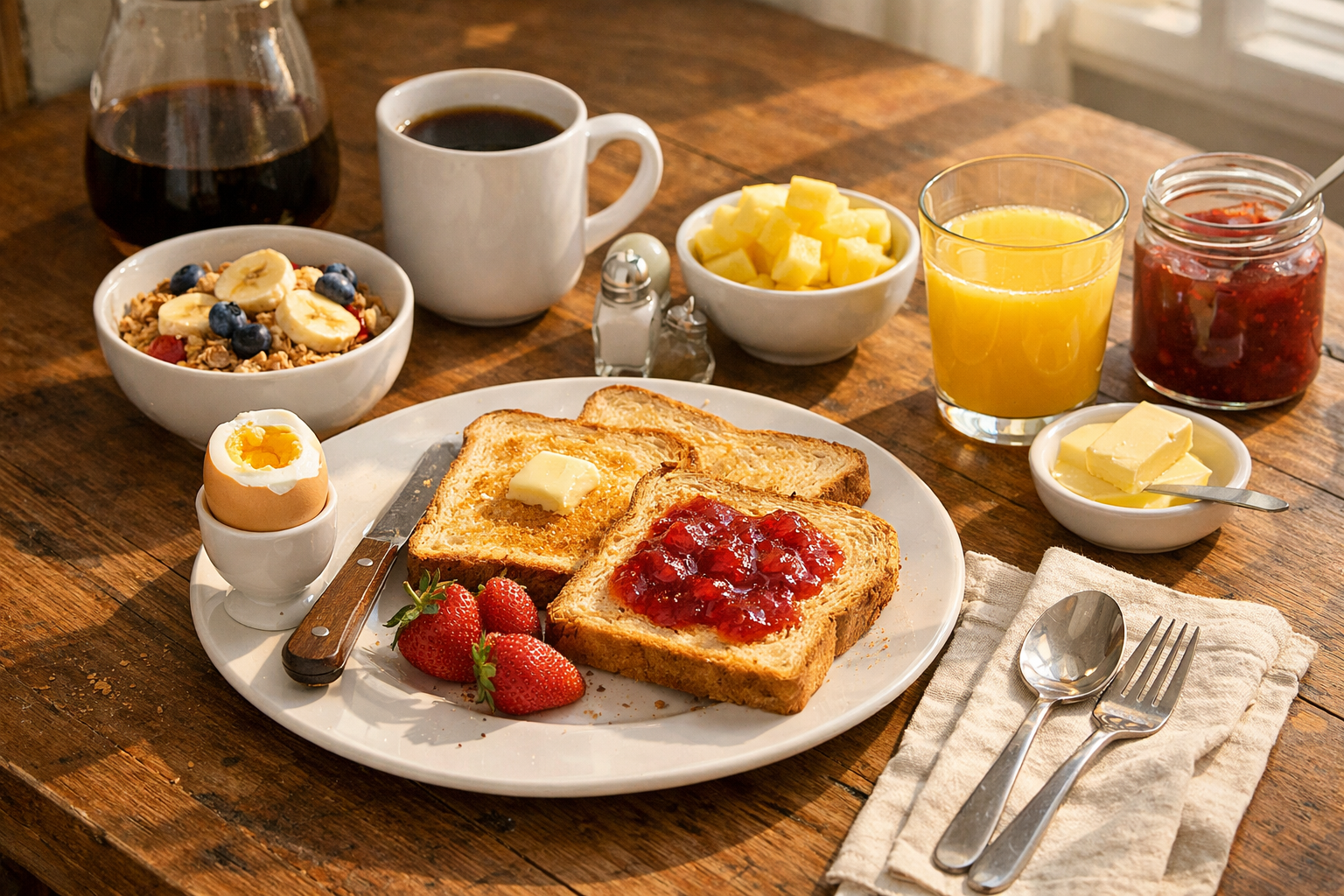 Simple breakfast setup on a table in soft morning light