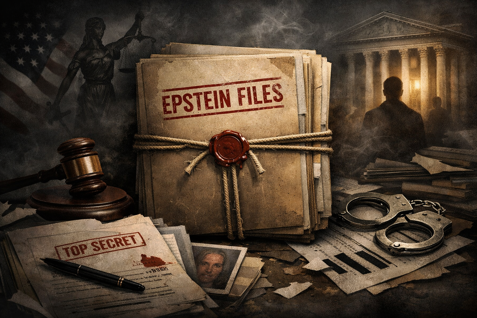 Illustration representing sealed legal documents and secrecy surrounding the Epstein files investigation