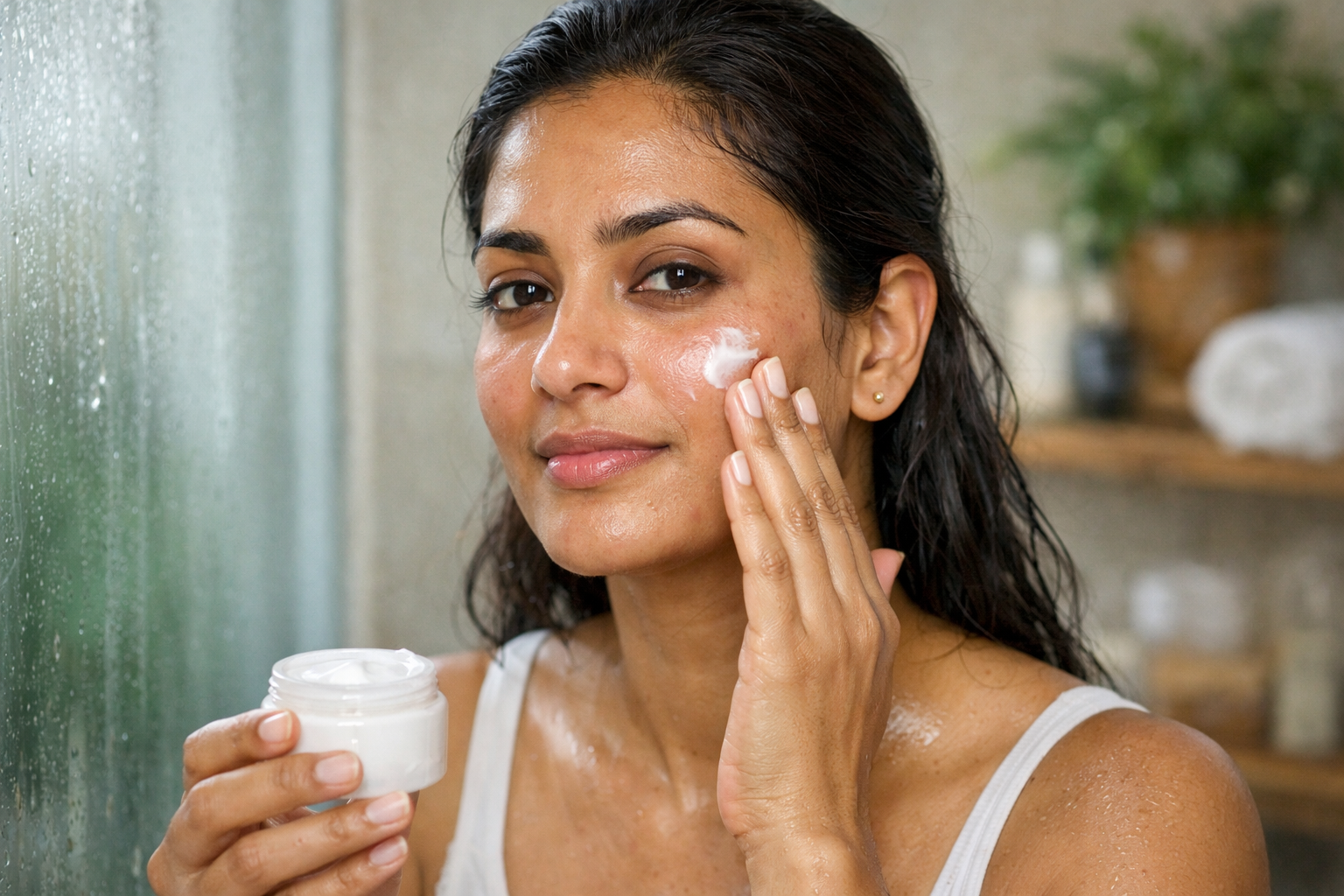 Indian woman repairing damaged skin barrier with gentle moisturizer